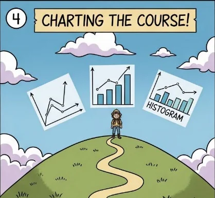 Panel 4, “Charting the Course!”: the explorer stands on a hilltop as a line chart, bar chart and histogram float in the sky.