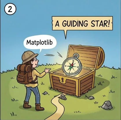 Panel 2, “A Guiding Star!”: the explorer opens a treasure chest and finds a glowing compass labelled Matplotlib.