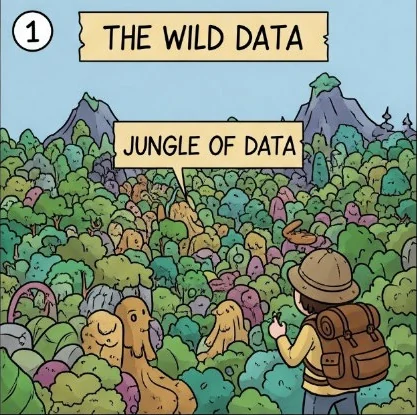 Panel 1, “The Wild Data”: an explorer stands lost in a dense jungle of data, with no path in sight.